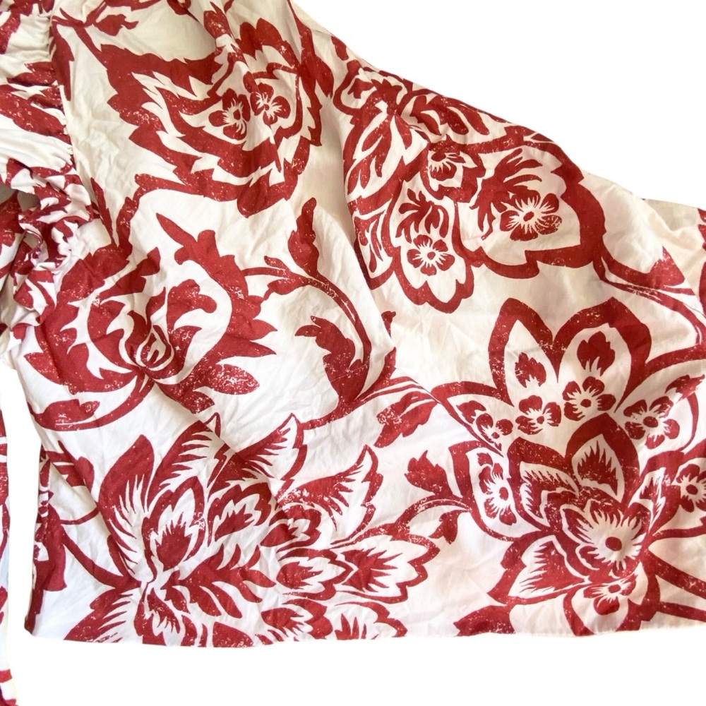 Zara One Shoulder Floral Cropped Top Size Large Red And Cream Ruffle Shoulder - Picture 4 of 9
